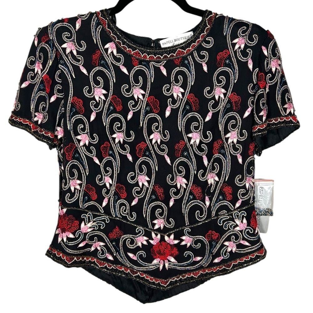 NWT Black Beaded Embroidered Silk Lined Top Floral Party Sequin‎ Petite Medium